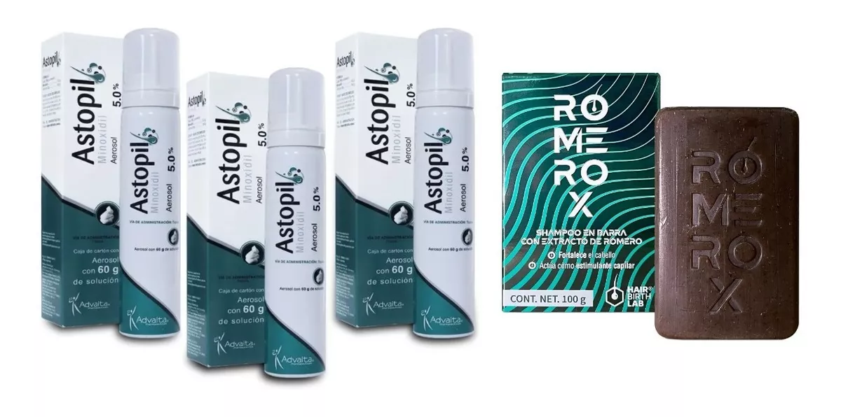 Shampoo Anticaída Romerox + Astopil Minoxidil 5% 60ml 3pack