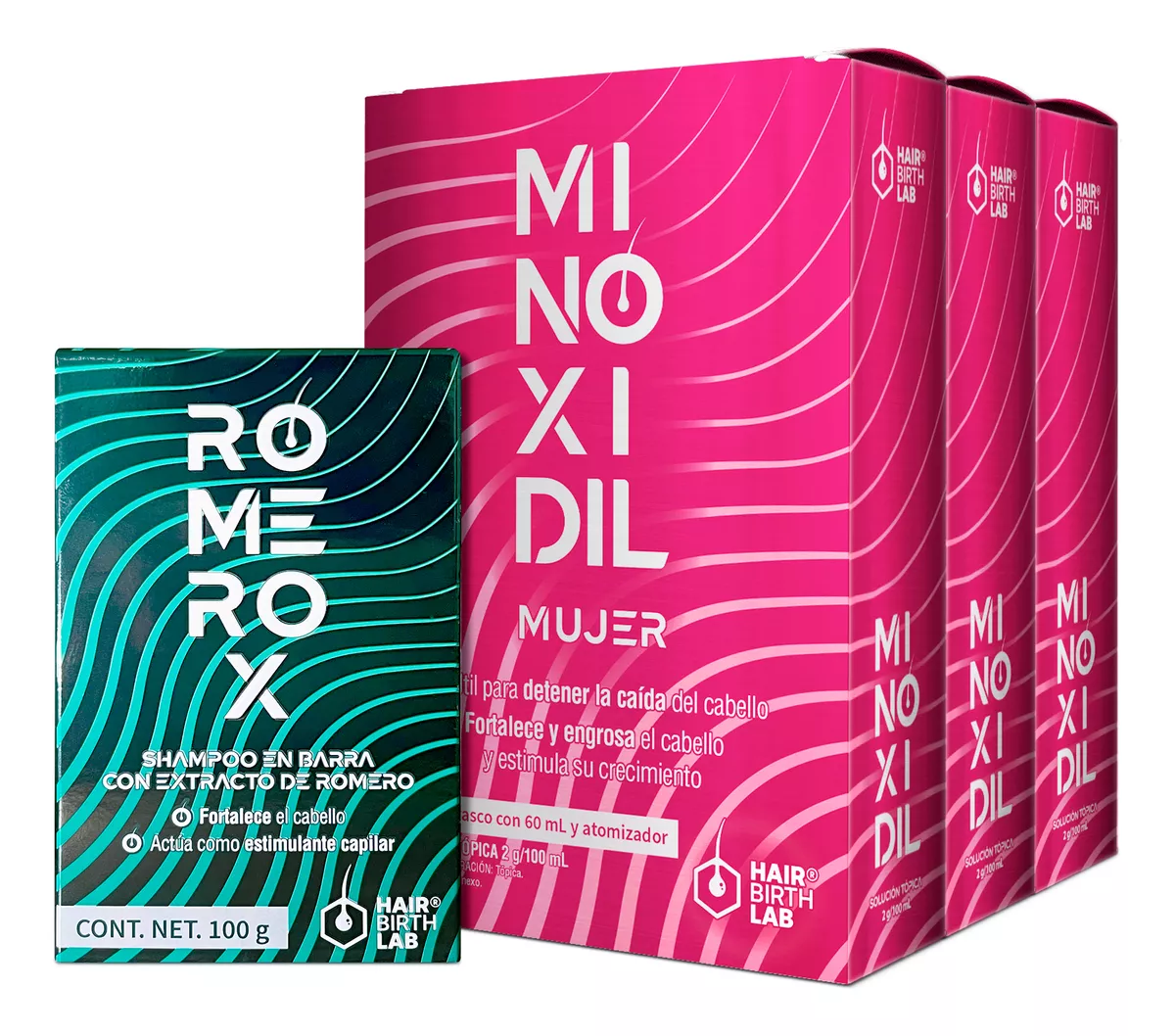 Minoxidil Mujer 3 Pack + Shampoo Anticaída Romerox